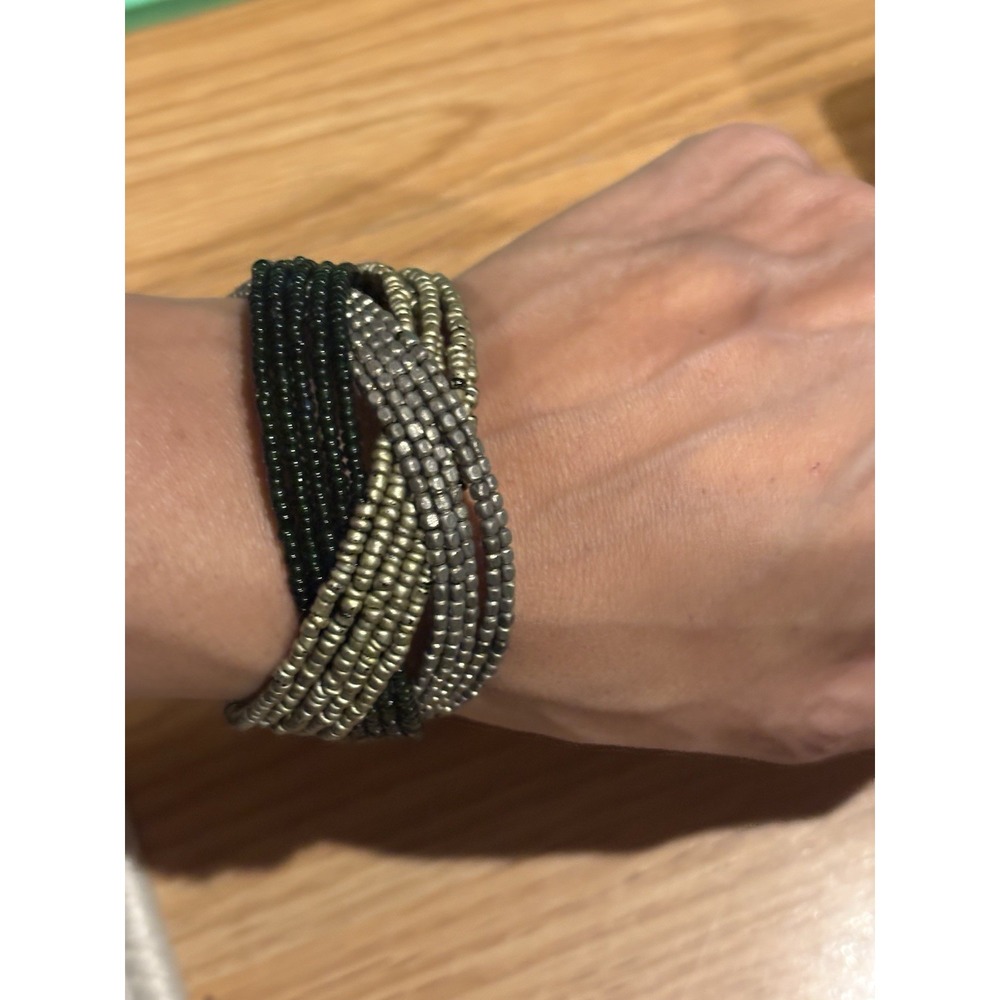 Boho Black‎ Silver Color Beaded Bead Flex Cuff Bracelet Adjustable
